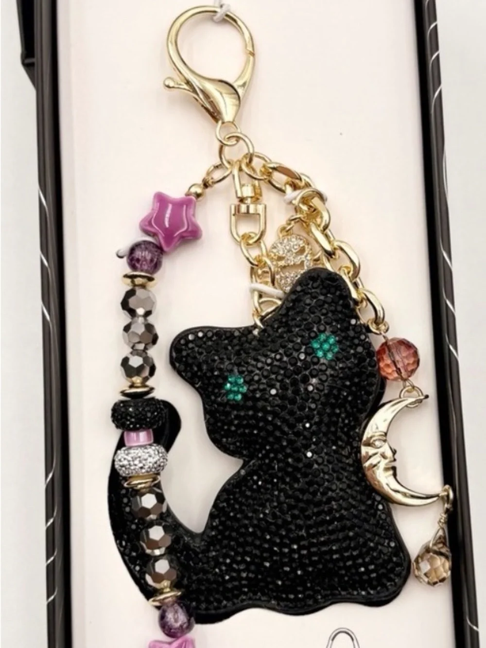 Eyecandy Black Rhinestone Cat Keychain with Charms